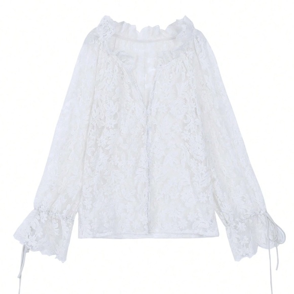 Guipure Lace on Mesh White V-Neck Floral Pattern Button Down Shirt Sheer - Picture 6 of 11